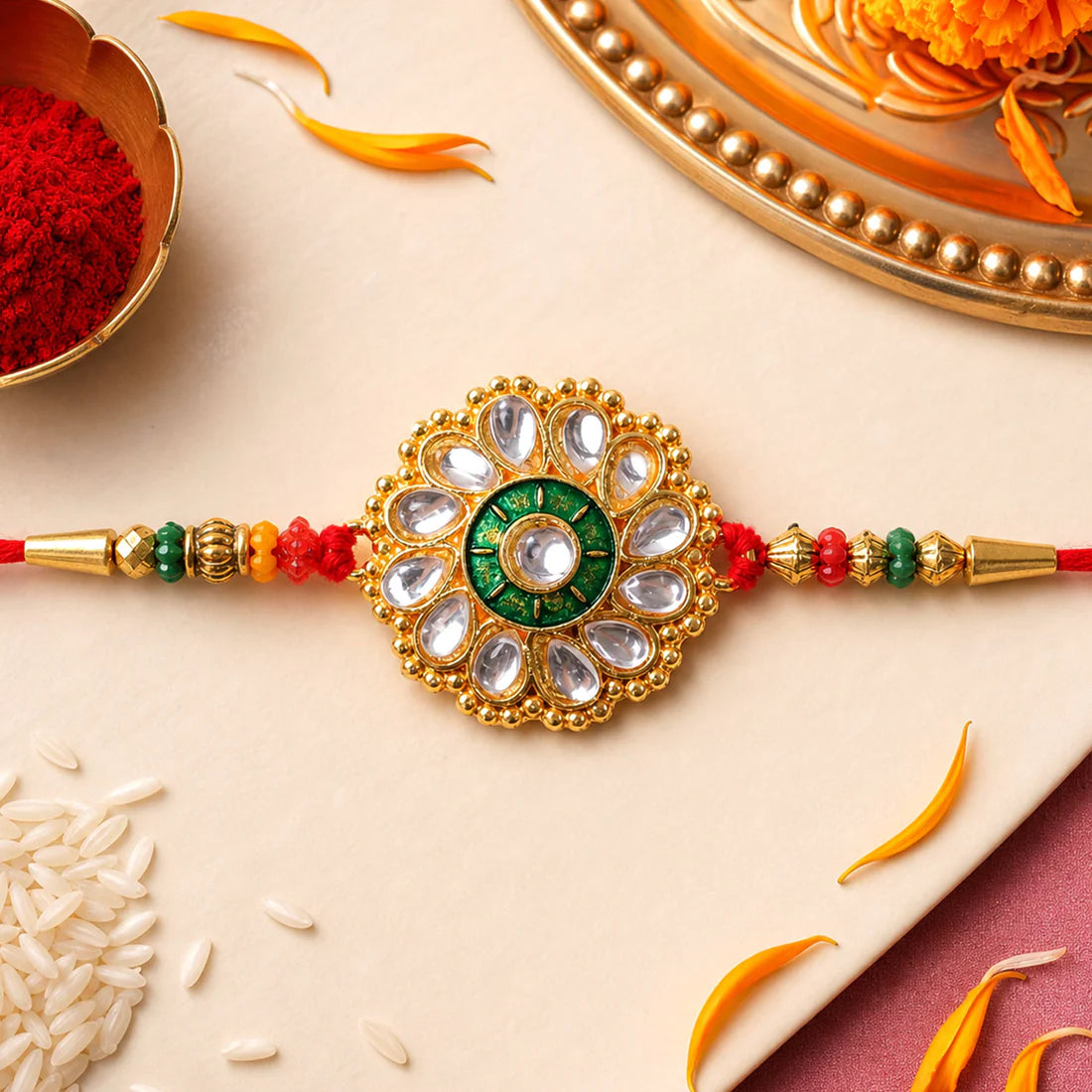 Kundan Flower Rakhi – Traditional Floral Design