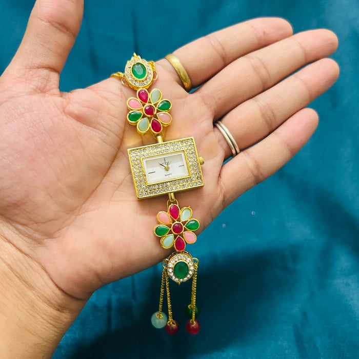 Kashmiri Floral Stone Rectangular Dial Designer Watch -3398