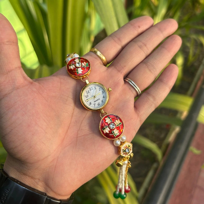 Kashmiri Red Floral Pearl Watch -3822