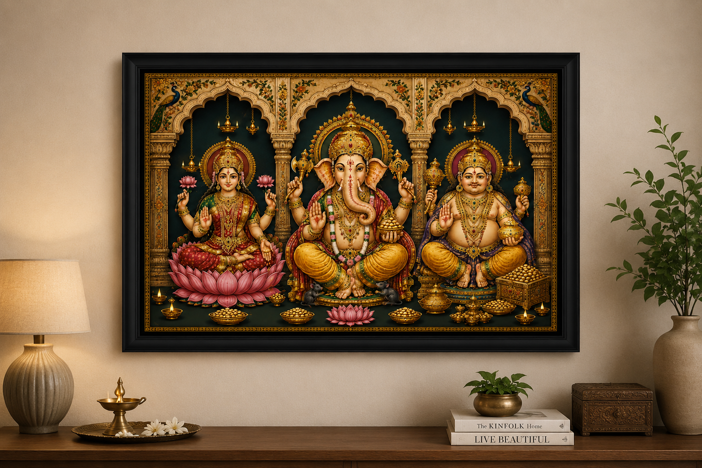 Single Frame Palace Arch Devotional Theme - Luxury Lakshmi Kubera Vinayaka Wall Decor Frame