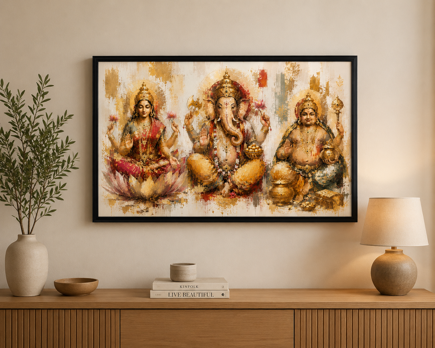 Single Frame Modern Divine Watercolor Theme Luxury Lakshmi Kubera Vinayaka Wall Decor Frame