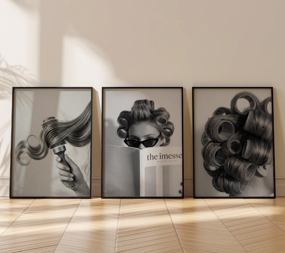 A3 Salon Wall Decor Frames Set of 3 for Beauty Parlour & Hair Studio Black & White Hairstyle Artwork