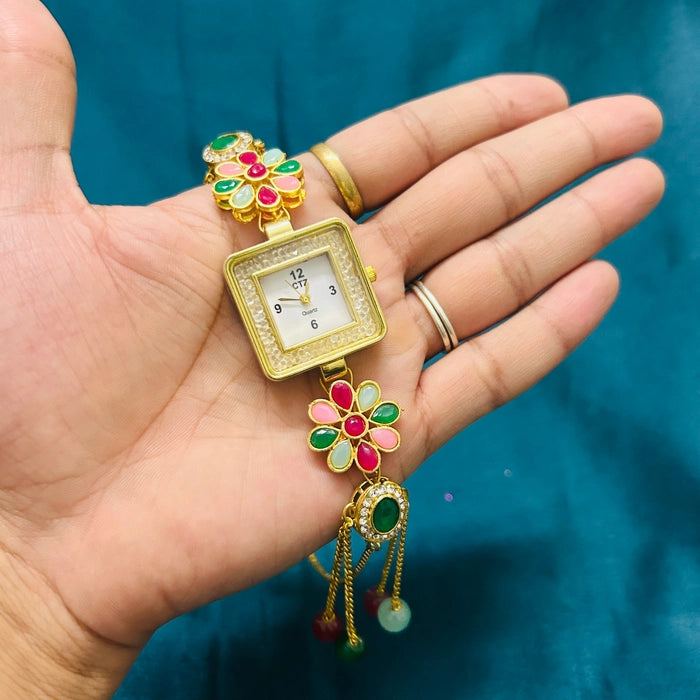 Kashmiri Floral Stone Square Dial Designer Watch - 3384