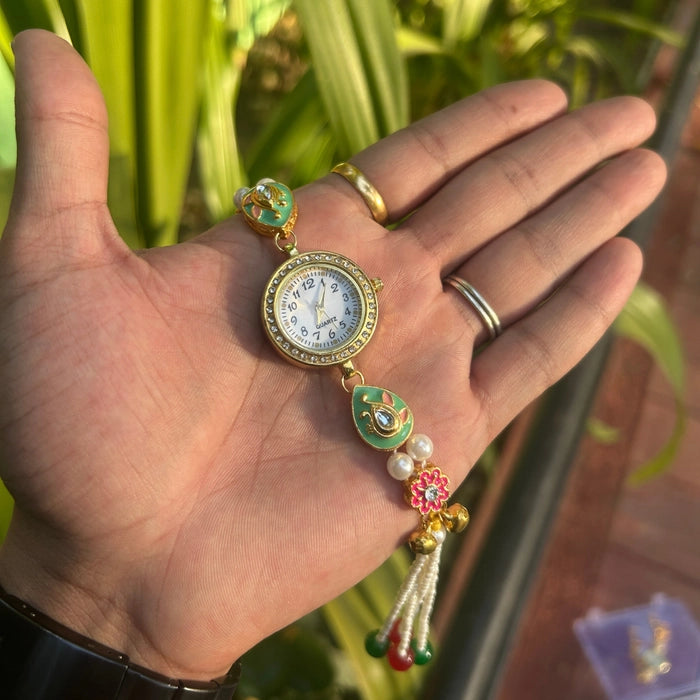 Kashmiri Green Enamel Pearl Watch -3846