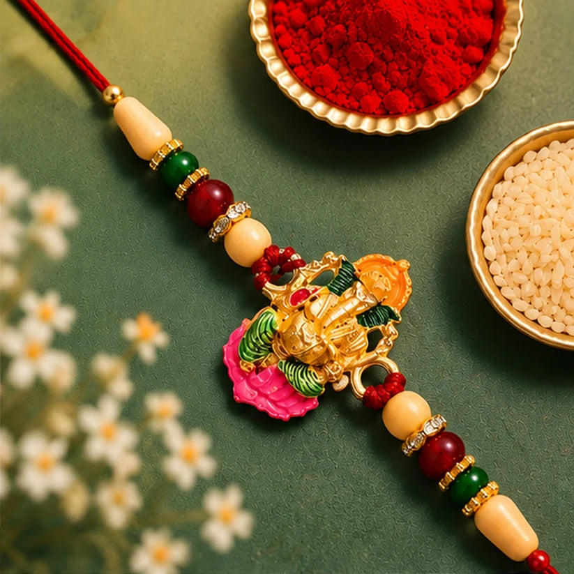 Ganesha Rakhi – Traditional Wooden Beads with Colorful Accents