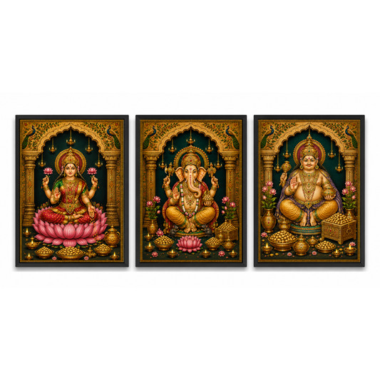 Set of 3 Frames Palace Arch Devotional Theme- Luxury Lakshmi Kubera Vinayaka Wall Decor Frame