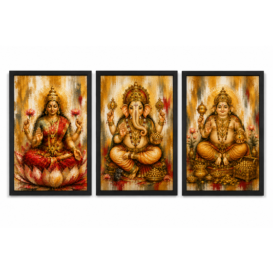 Set of 3 Frames Modern Divine Watercolor Theme- Luxury Lakshmi Kubera Vinayaka Wall Decor Frame