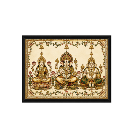 Single Frame Serene Heritage Theme- Luxury Lakshmi Kubera Vinayaka Wall Decor Frame