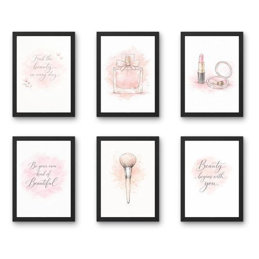 Blush Elegance – Women A4 6 Pcs Wooden Black Frame Salon & Beauty Parlour Wall Decor