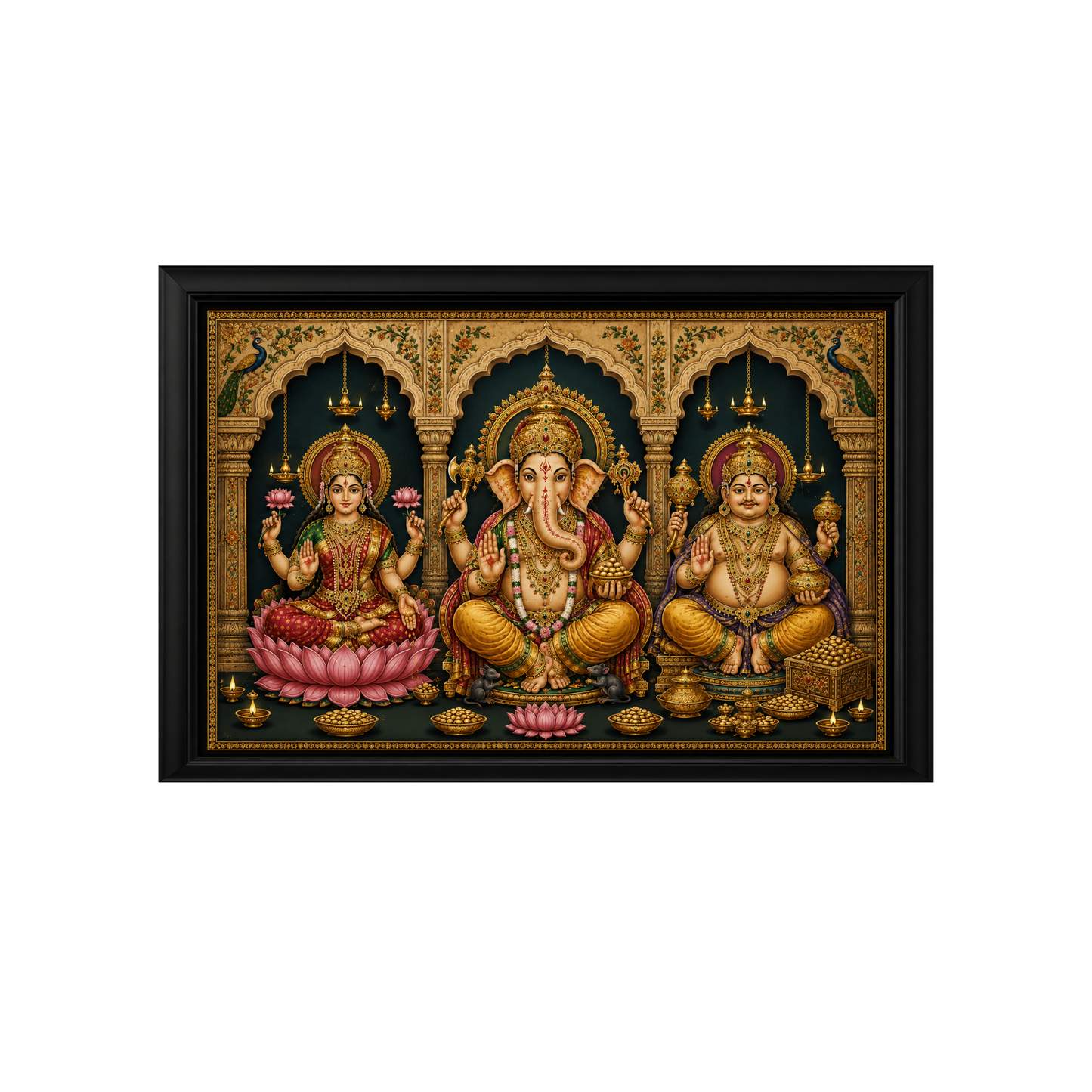 Single Frame Palace Arch Devotional Theme - Luxury Lakshmi Kubera Vinayaka Wall Decor Frame