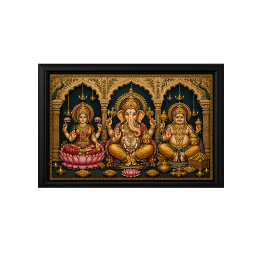 Single Frame Palace Arch Devotional Theme - Luxury Lakshmi Kubera Vinayaka Wall Decor Frame