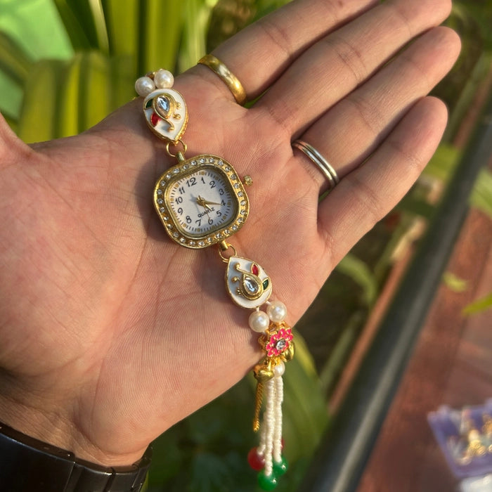 Kashmiri White Enamel Square Dial Pearl Watch - 4412