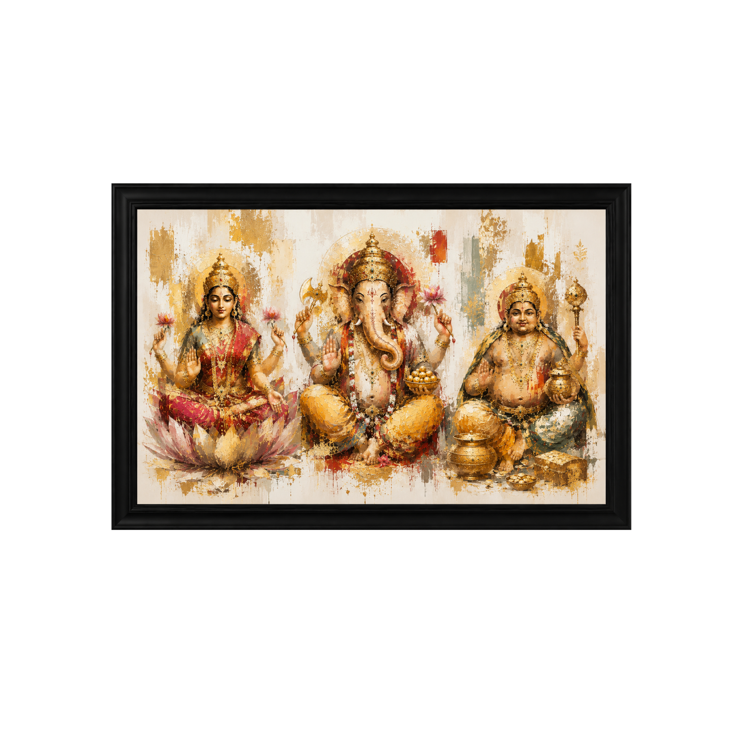 Single Frame Modern Divine Watercolor Theme Luxury Lakshmi Kubera Vinayaka Wall Decor Frame