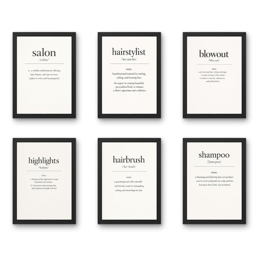 Salon Wall Decor Frames Combo – Set of 6 A4 (9 x 12 Inches) | Hair Salon, Beauty Parlour & Makeup Studio Wall Art | Modern Luxury Salon Quotes & Styling Artwork (Beauty Dictionary)