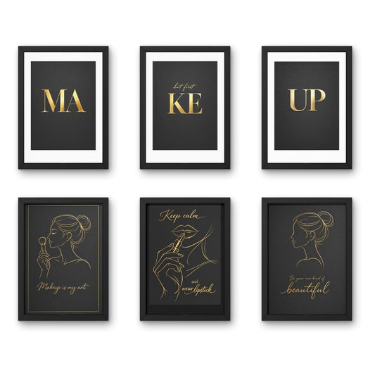 Salon Wall Decor Frames Combo – Set of 6 A4 (9 x 12 Inches) | Hair Salon, Beauty Parlour & Makeup Studio Wall Art | Modern Luxury Salon Quotes & Styling Artwork (Makeup Noir)
