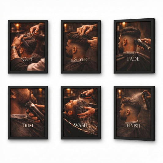 Salon Wall Decor Frames Combo – Set of 6 A4 (9 x 12 Inches) | Hair Salon, Beauty Parlour & Makeup Studio Wall Art | Modern Luxury Salon Quotes & Styling Artwork (Salon Workflow – Men)