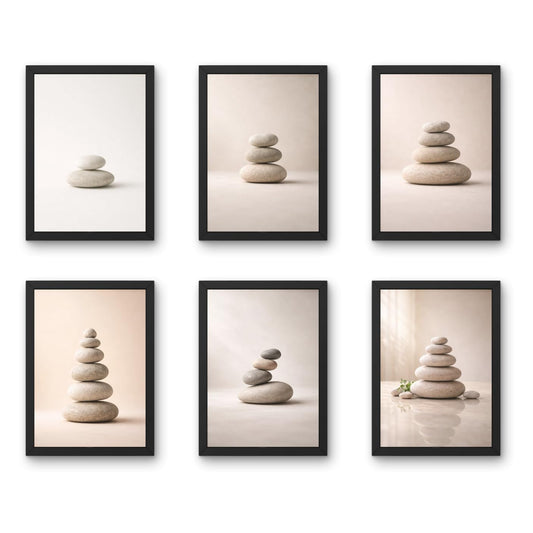 Spa Wall Decor Frames Combo – Set of 6 (9 x 12 Inches) | Calm & Relaxation Art for Spa, Salon, Wellness & Home Decor (Stone Balance)