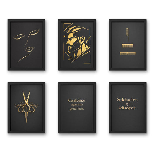 Salon Wall Decor Frames Combo – Set of 6 A4 (9 x 12 Inches) | Hair Salon, Beauty Parlour & Makeup Studio Wall Art | Modern Luxury Salon Quotes & Styling Artwork (Salon Gold & Black)