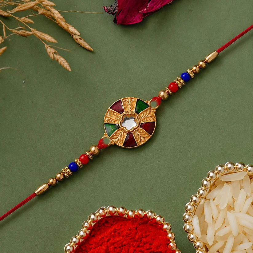 Multicolor Kundan Rakhi – Golden Floral Design