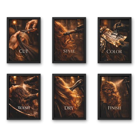 Salon Wall Decor Frames Combo – Set of 6 A4 (9 x 12 Inches) | Hair Salon, Beauty Parlour & Makeup Studio Wall Art | Modern Luxury Salon Quotes & Styling Artwork (Salon Workflow – Women)