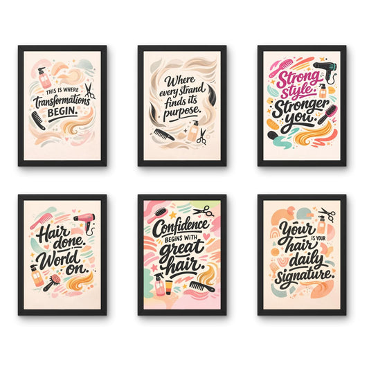 Salon Wall Decor Frames Combo – Set of 6 A4 (9 x 12 Inches) | Hair Salon, Beauty Parlour & Makeup Studio Wall Art | Modern Luxury Salon Quotes & Styling Artwork (Salon Quotes)