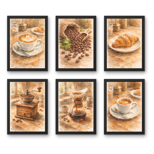 Cafe Wall Art Frames Set of 6 | A4 Posters for Coffee Shop, Bakery, Kitchen & Home Decor | Premium Aesthetic Prints (Coffee Watercolor Still Life)