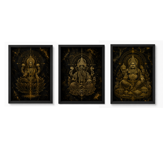 Set of 3 Frames Sacred Gold- Luxury Lakshmi Kubera Vinayaka Wall Decor Frame