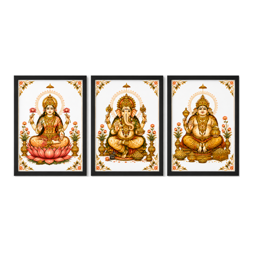 Set of 3 Frames Minimal Heritage Manuscript Theme- Luxury Lakshmi Kubera Vinayaka Wall Decor Frame