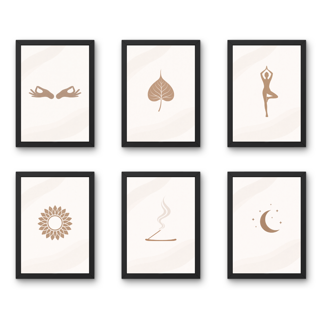 Bodhi Serenity Series - A4 6 Pcs Wooden Black Frame Yoga Wall Decor