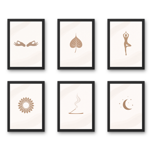 Bodhi Serenity Series - A4 6 Pcs Wooden Black Frame Yoga Wall Decor