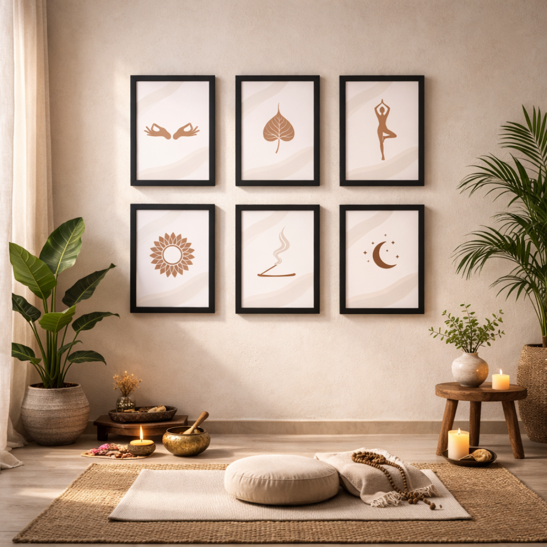 Bodhi Serenity Series - A4 6 Pcs Wooden Black Frame Yoga Wall Decor