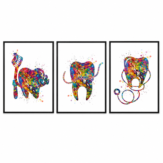 Colorful Dental Wall Art Set of 3 – A3 Modern Dentist Clinic Frames for Kids Dental Office