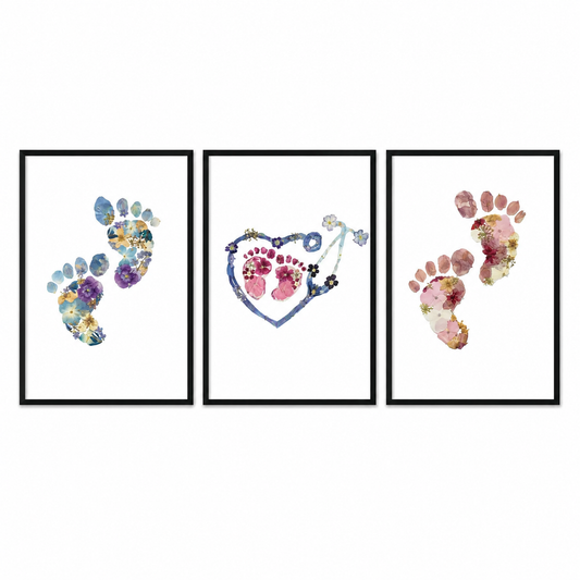 Floral Baby Footprint Medical Wooden Framed Decor -A3 Frames Black