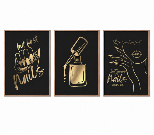 A3 Nail Salon Wall Decor Frames Set of 3 | Black & Gold Nail Art & Beauty Quote Artwork for Beauty Parlour & Nail Studio