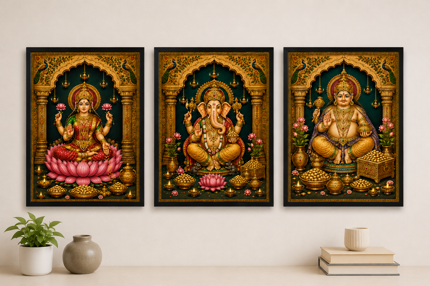 Set of 3 Frames Palace Arch Devotional Theme- Luxury Lakshmi Kubera Vinayaka Wall Decor Frame