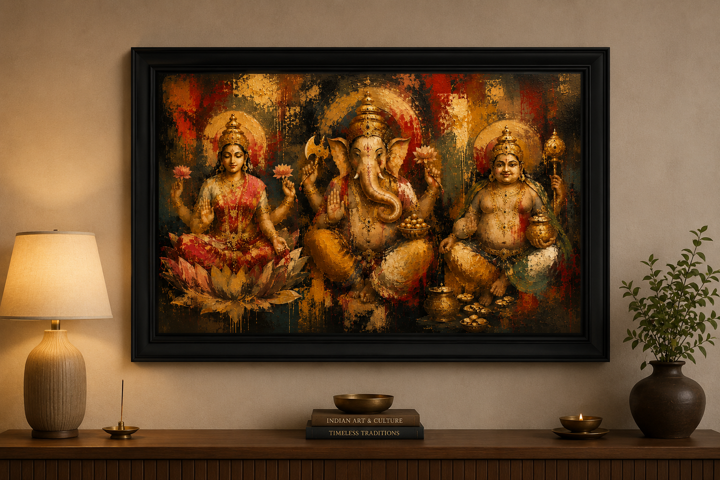 Single Frame Sacred Expressionist Canvas Them Luxury Lakshmi Kubera Vinayaka Wall Decor Frame