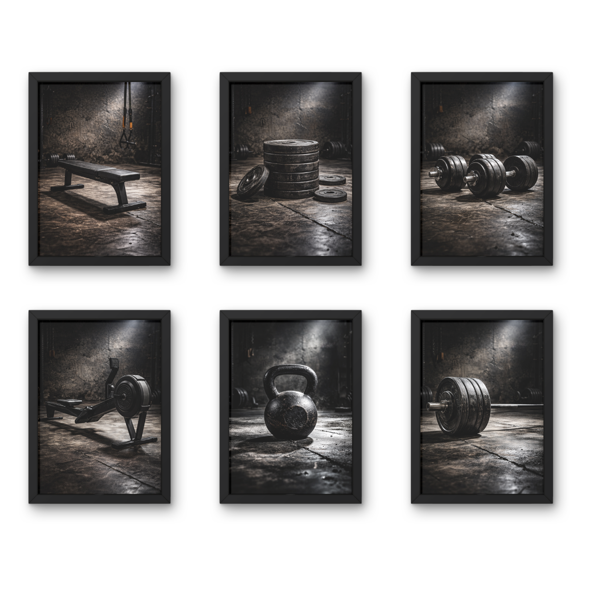 Dark Industrial Equipment Set - A4 6 Pcs Wooden Black Frame Gym Wall Decor