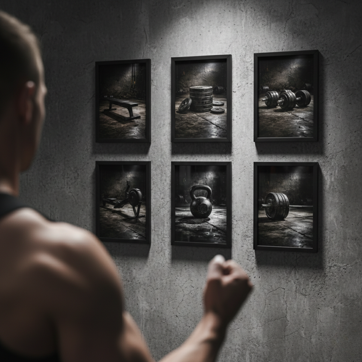 Dark Industrial Equipment Set - A4 6 Pcs Wooden Black Frame Gym Wall Decor