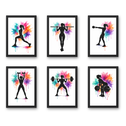 Female Watercolor Silhouette Set - A4 6 Pcs Wooden Black Frame Gym Wall Decor