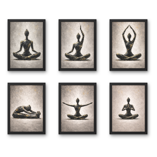 Golden Stillness Series - A4 6 Pcs Wooden Black Frame Yoga Wall Decor