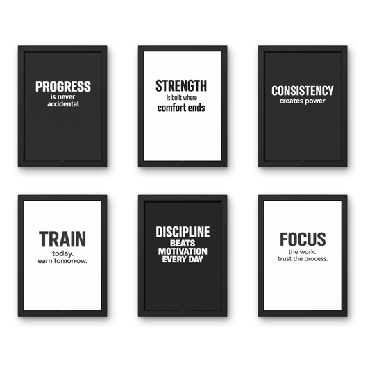 Discipline & Strength Quotes - A4 6 Pcs Wooden Black Frame Gym Wall Decor