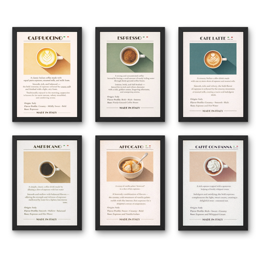 Italian Coffee Classics A4 6 Pcs Wooden Black Frame Cafe Wall Decor