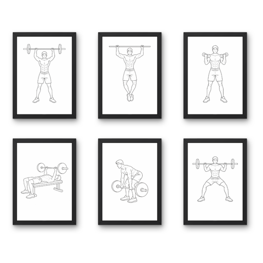 Male Minimal Line-Art Instruction Set - A4 6 Pcs Wooden Black Frame Gym Wall Decor