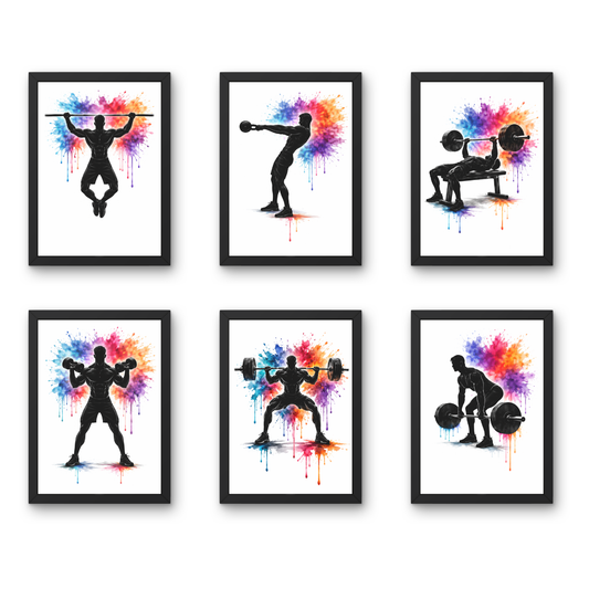 Men Silhouette Watercolor Set - A4 6 Pcs Wooden Black Frame Gym Wall Decor
