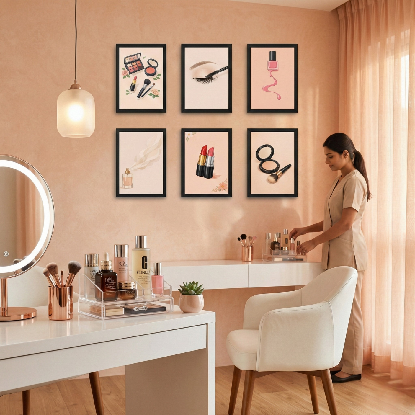 Modern Beauty Moments – Women A4 6 Pcs Wooden Black Frame Salon & Beauty Parlour Wall Decor
