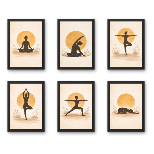 Quiet Sun Yoga Collection - A4 6 Pcs Wooden Black Frame Yoga Wall Decor