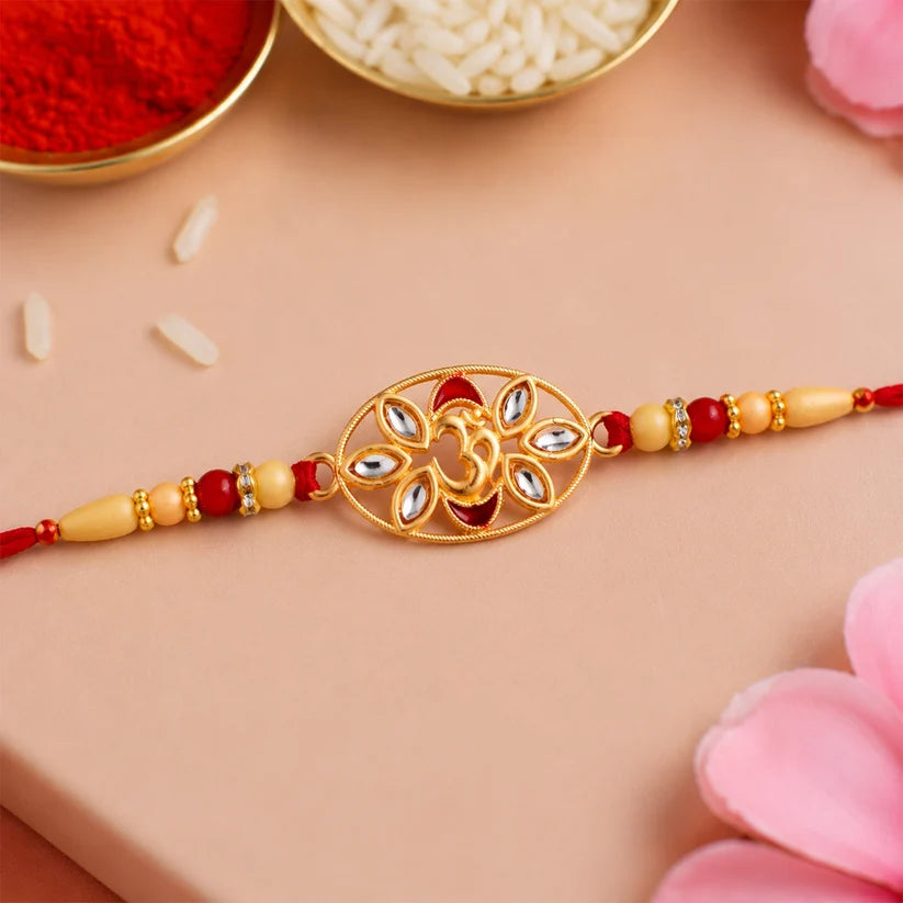 Om Kundan Rakhi – Elegant Pearl Bead Design