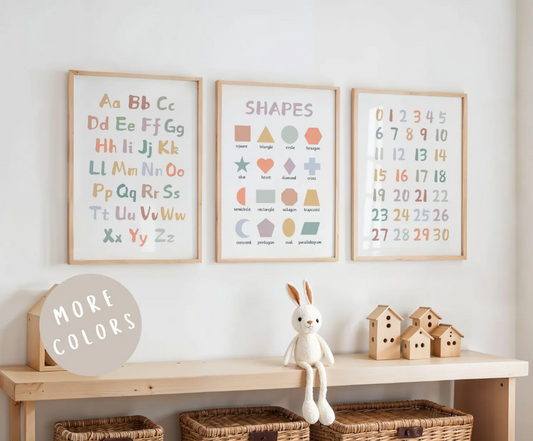 A3 - Set of 3 Educational Nursery Alphabet Prints: Numbers, Shapes Chart, ABC Poster, Playroom Decor, Wall Art for Kids