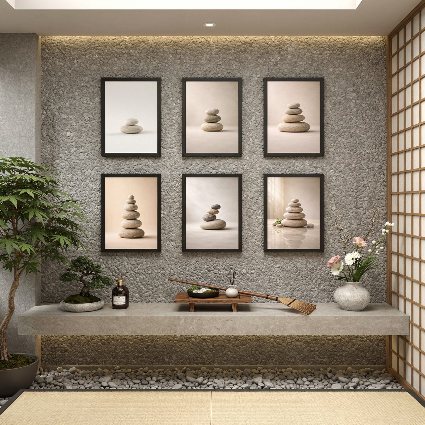 Stone Balance - A4 6 Pcs Wooden Black Frame Yoga Wall Decor