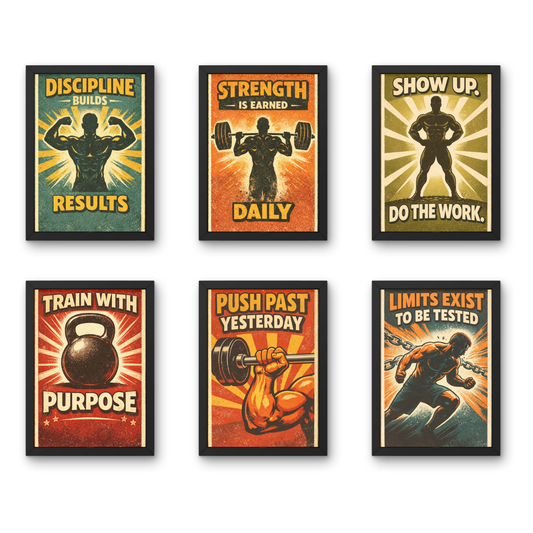 Vintage Gym Motivation - A4 6 Pcs Wooden Black Frame Gym Wall Decor